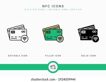 Los iconos NFC establecen la ilustración vectorial con estilo de línea de icono sólido. Concepto de pago móvil. Icono de trazo editable en fondo aislado para diseño web, interfaz de usuario y aplicación móvil