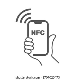 NFC illustration. Mobile payment. NFC smart phone concept icon. Vector Illustration. Hold Smartphone with wave nfc in hand. Vector Illustration. EPS 10 svg
