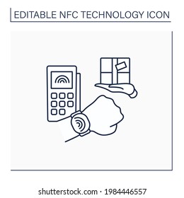 Icono de línea NFC. Sistema de pago por entrega de seguridad. Usando reloj inteligente. Tecnología. .Entrega de paquetes. Comunicación Cercana al Campo. Concepto de pago sin contacto. Ilustración vectorial aislada. Trazo editable