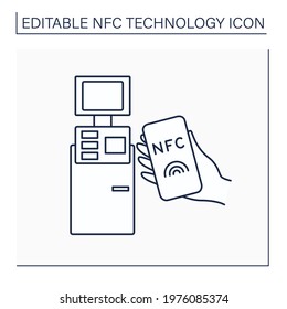 NFC line icon. Safety payment system on mobile phone. Paying bills. Bank terminal. Near Field Communication. Contactless payment concept. Isolated vector illustration. Editable stroke