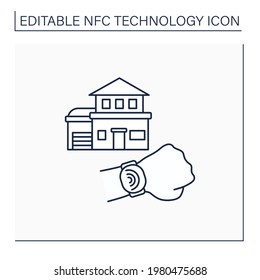 NFC line icon. Safety payment system on smart watch. Paying bills, utilities, home maintenance. Bank terminal.Contactless payment concept. Isolated vector illustration. Editable stroke