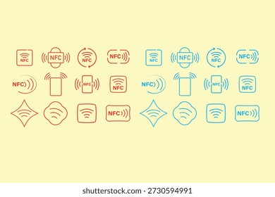 Symbolsatz für NFC-Zeilen. Moderne Nahfeldkommunikation und drahtlose Symbole. Symbole für kontaktloses Bezahlen und Datentransfer. Schnittstellenelemente der Vektortechnik