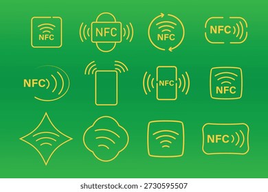 Symbolsatz für NFC-Zeilen. Moderne Nahfeldkommunikation und drahtlose Symbole. Symbole für kontaktloses Bezahlen und Datentransfer. Schnittstellenelemente der Vektortechnik
