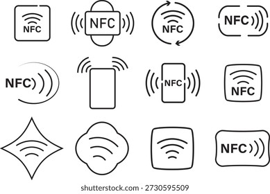 Symbolsatz für NFC-Zeilen. Moderne Nahfeldkommunikation und drahtlose Symbole. Symbole für kontaktloses Bezahlen und Datentransfer. Schnittstellenelemente der Vektortechnik