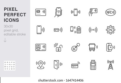 NFC line icon set. Near Field Communication technology, contactless payment, card with chip minimal vector illustration. Simple outline signs for smartphone pay. 30x30 Pixel Perfect. Editable Strokes. svg