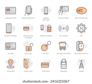 NFC-Zeilensymbol gesetzt. Nahe der Field Communication Technologie, kontaktlose Zahlung, Karte mit minimalem Chip, Vektorgrafik. Einfache Rahmenzeichen für Smartphone-Bezahlung. Orangefarbene Farbe. Bearbeitbare Schlaganfälle