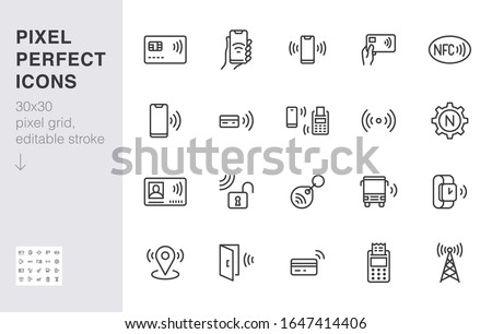 NFC line icon set. Near Field Communication technology, contactless payment, card with chip minimal vector illustration. Simple outline signs for smartphone pay. 30x30 Pixel Perfect. Editable Strokes.