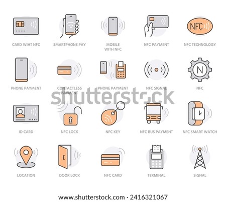 NFC line icon set. Near Field Communication technology, contactless payment, card with chip minimal vector illustration. Simple outline signs for smartphone pay. Orange Color. Editable Strokes