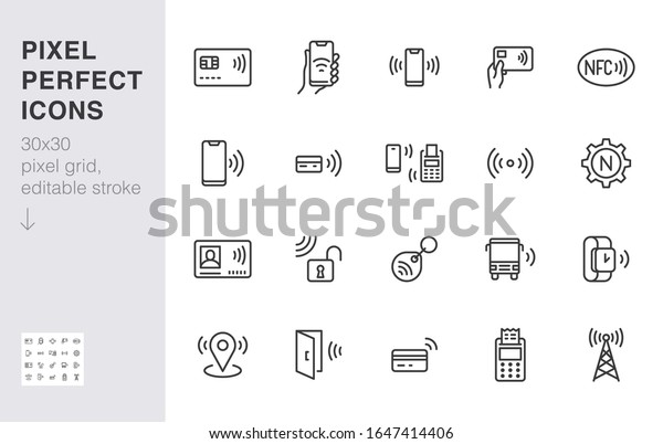 Nfc線のアイコンセット ニアフィールドコミュニケーションテクノロジ 非接触型支払い チップの最小ベクターイラスト 付きカード スマートフォンの支払いに関する簡単なアウトライン記号 30 X 30ピクセルパーフェクト 編集可能なストローク のベクター画像素材