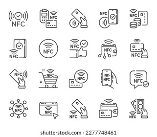 Symbole für NFC-Linien. In der Nähe der Feldkommunikation, kontaktlose Karte, Smartphone-Zahlungsset. Mobilfunk-Bezahlung, nfc Technologie und Pos-Terminal-Symbole. kontaktlose Bezahlung, nfc Karte, Smartphone-Kommunikation. Vektorgrafik