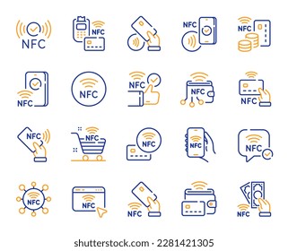Nfc line icons. Near-field communication, contactless card, smartphone payment set. Mobile phone pay, nfc technology and Pos terminal icons. Contactless pay, nfc card, smartphone communication. Vector svg