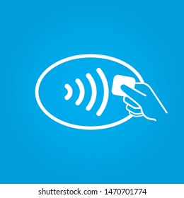 NFC logo symbol of contactless payment method through POS terminal icon isolated on blue background. NFC technology contact less pay by mobile phone or credit card. Vector illustration