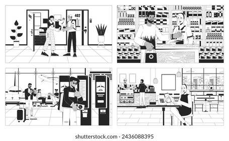 NFC mobile banking black and white line illustration set. Scanning qr, transfer money adults diverse 2D characters monochrome backgrounds collection. Contactless payment outline scenes vector images