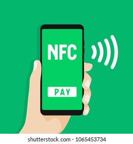 NFC Mobile payment. Hand holds smartphone with online banking and touch pay button.