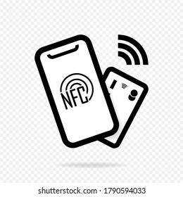 NFC mobile phone, NFC payment using smartphone mobile phone or card. Vector illustration on a transparent background.