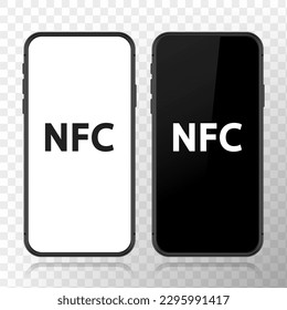 Teléfono móvil NFC, pago NFC usando teléfono celular o tarjeta. Ilustración vectorial en un fondo transparente.