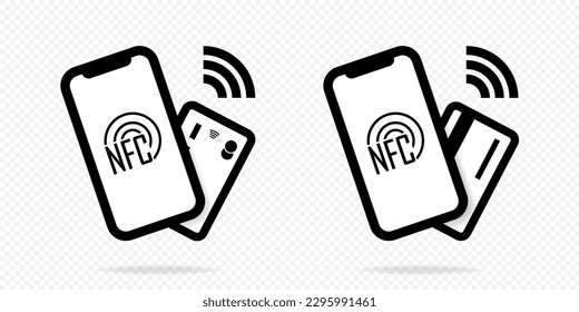 NFC mobile phone, NFC payment using smartphone mobile phone or card. Vector illustration on a transparent background.