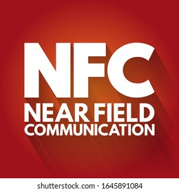 NFC Near-Field Communication - set of communication protocols that enables communication between two electronic devices over a distance of 4 cm, acronym text concept background