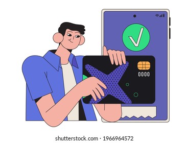 NFC or online payment technology with smartphone or mobile pay application concept. Character pay with credit card, contactless payment in online store, shopping, banking or service. 