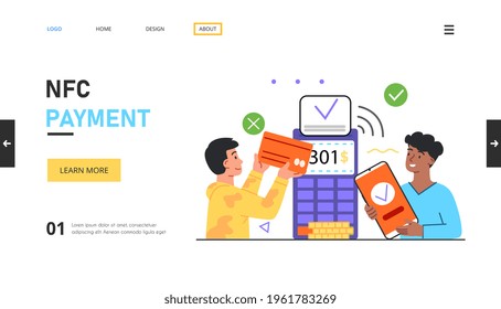 NFC, online payments for web page, social media, documents, cards, posters. onfirm payment using mobile, online banking. Flat metaphor outline cartoon vector illustration concept design. Simple art