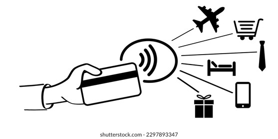 nfc bezahlen kontaktlose Karte. Cartoon Zahlung, Hand, die eine Kreditkarte. Zahlen Sie Karten. Plastikkarten. Brieftasche, Geld und Hand. Investitionen in die Bankenfinanzierung. Transaktion, Transferkonzept. Bezahlen oder kaufen.