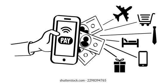 nfc pay Contactless card. Cartoon payment, hand holding a credit card. Pay cards. Plastic cards. Wallet, money and hand. Banking finance investment. Transaction, transfer concept. Pay or buy.