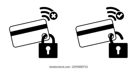 nfc pay. Credit card with lock icon. Locked bank security card. icon. Bribe. Cartoon contactless card. Pay cards. Wallet, protection, secure payments, secure credit card. Transaction, transfer concept