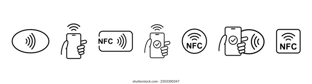 Nfc pay icon. Mobile phone payment. Tap to pay vector set. Cashless card payment. Nfc wireless mobile banking isolated signs.