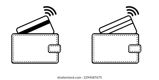 nfc Bezahlung. Zahlungspiktogramm. Cartoon-Brieftasche und Kreditkarte. kontaktlose Karte. Zahlen Sie Karten. Plastikkarten, Zahlungen. Geldbeutel, Geld. Investitionen in die Bankenfinanzierung. Transaktion, Transferkonzept