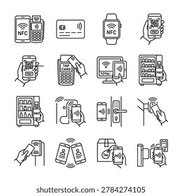 Nfc payment and access control icons with pos terminal door lock vending machi