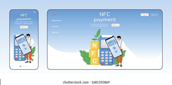 NFC payment adaptive landing page flat color vector template. Contactless transaction mobile and PC homepage layout. Fintech one page website UI. E payment application webpage cross platform design