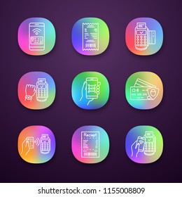 NFC payment app icons set. Pay with smartphone and credit card, cash receipt, POS terminal, QR code scanner, smartwatch. UI/UX user interface. Web or mobile applications. Vector isolated illustrations
