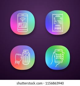 NFC payment app icons set. Cash receipt, QR code scanner, NFC smartphone and smartwatch. UI/UX user interface. Web or mobile applications. Vector isolated illustrations