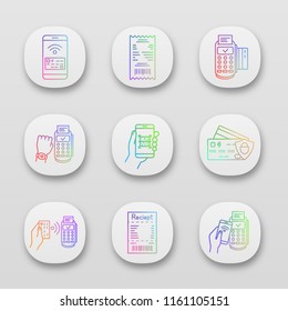 NFC payment app icons set. Pay with smartphone and credit card, cash receipt, POS terminal, QR code scanner, smartwatch. UI/UX user interface. Web or mobile applications. Vector isolated illustrations