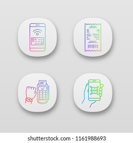 NFC payment app icons set. Cash receipt, QR code scanner, NFC smartphone and smartwatch. UI/UX user interface. Web or mobile applications. Vector isolated illustrations