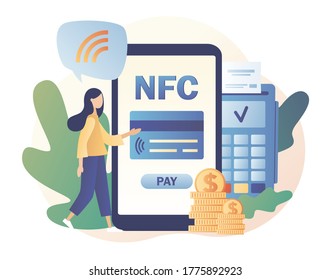 NFC payment app. Tiny girl use POS-terminal and payment systems. Financial transactions, terminal and credit card, online banking. Modern flat cartoon style. Vector illustration on white background