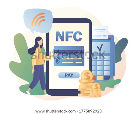 NFC payment app. Tiny girl use POS-terminal and payment systems. Financial transactions, terminal and credit card, online banking. Modern flat cartoon style. Vector illustration on white background