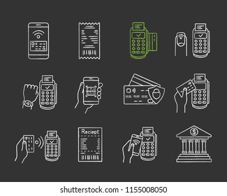 NFC payment chalk icons set. Electronic money. Cashless and contactless payments. Digital purchase. Online banking. Near Field Communication technology. Isolated vector chalkboard illustrations