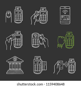 NFC payment chalk icons set. Pay with smartphone and credit card, online banking, POS terminal, NFC smartwatch and manicure. Isolated vector chalkboard illustrations