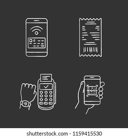 NFC payment chalk icons set. Cash receipt, QR code scanner, NFC smartphone and smartwatch. Isolated vector chalkboard illustrations