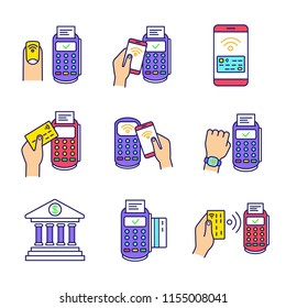 NFC payment color icons set. Pay with smartphone and credit card, online banking, POS terminal, NFC smartwatch and manicure. Isolated vector illustrations