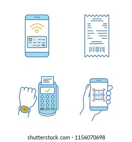 NFC payment color icons set. Cash receipt, QR code scanner, NFC smartphone and smartwatch. Isolated vector illustrations