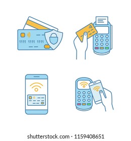 NFC payment color icons set. Credit cards, POS terminal, pay with smartphone. Isolated vector illustrations