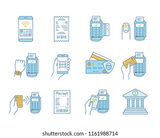 NFC payment color icons set. Electronic money. Cashless and contactless payments. Digital purchase. Online banking. Near Field Communication technology. Isolated vector illustrations