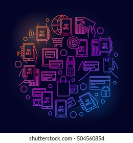 NFC payment colorful illustration. Vector outline smartphone and smart watch payment symbol. NFC payments using POS terminal on dark  background