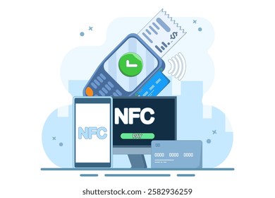 NFC Payment Concept, financial transaction, payment terminal and online payment card. using POS terminal and payment system. Modern flat cartoon style. Vector illustration on background.