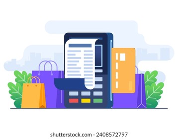 NFC payment concept flat illustration vector template, POS terminal confirms the payment by debit card, Invoice, Shopping concept, Payment machine, Credit card