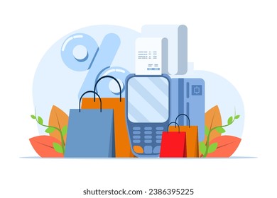 NFC payment concept, POS terminal confirming payment by debit card, Invoice, Shopping concept, payment machine, payment card, contactless technology. flat vector illustration on background.