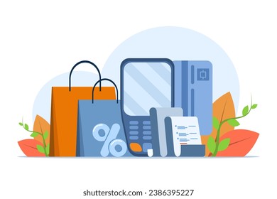 concepto de pago NFC, terminal POS que confirma el pago con tarjeta de débito, Factura, concepto de compras, máquina de pago, tarjeta de crédito, tecnología de pago sin contacto. ilustración vectorial plana en segundo plano.