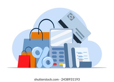 NFC-Zahlungskonzept, POS-Terminal bestätigt die Zahlung per Debitkarte, Rechnung, Einkaufskonzept, Zahlungsautomat, Debitkarte oder Einkaufskarte. Flache Illustrationsvektorvorlage.